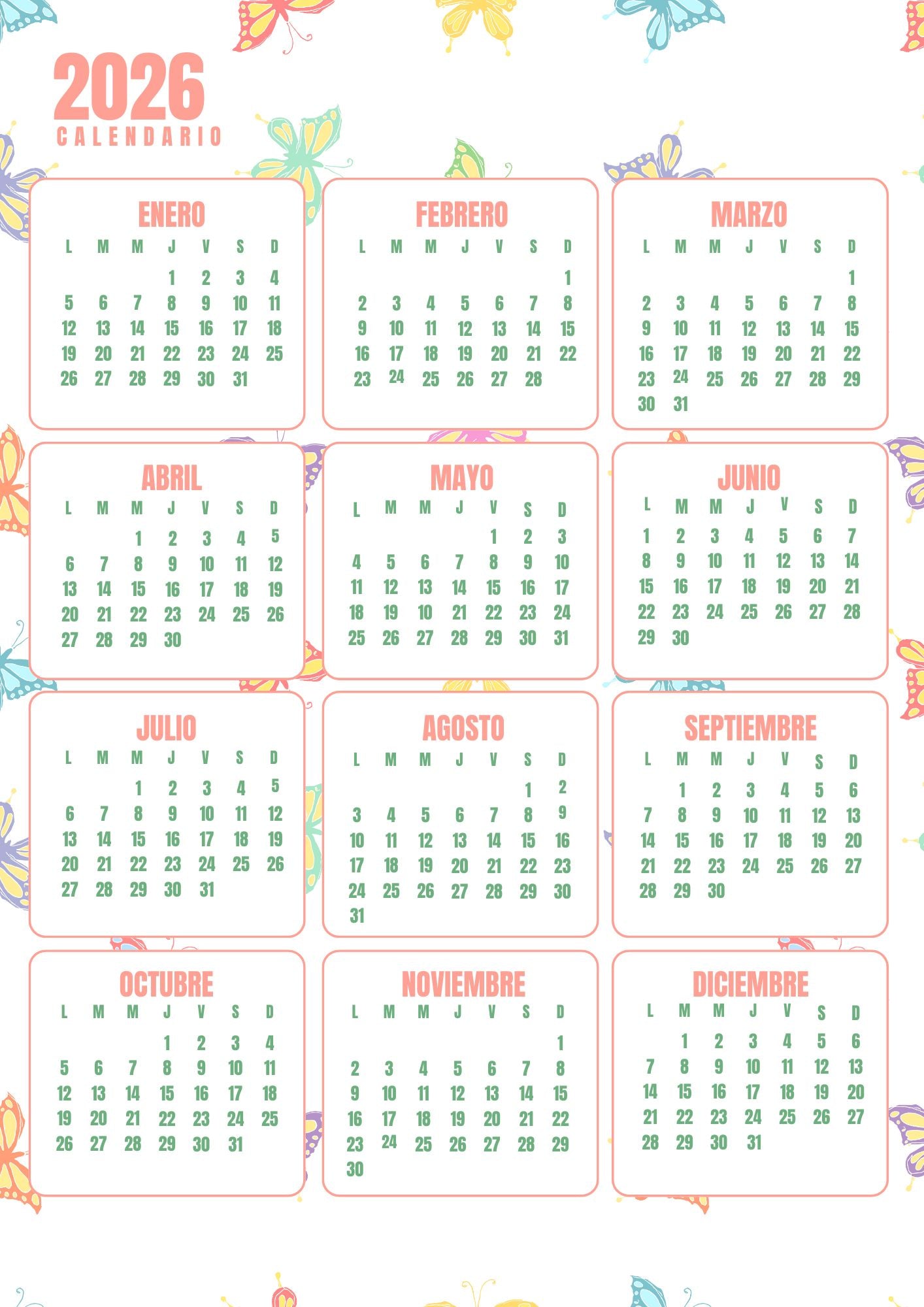 CALENDARIO COQUELICOT 2026 "PAPILLON"